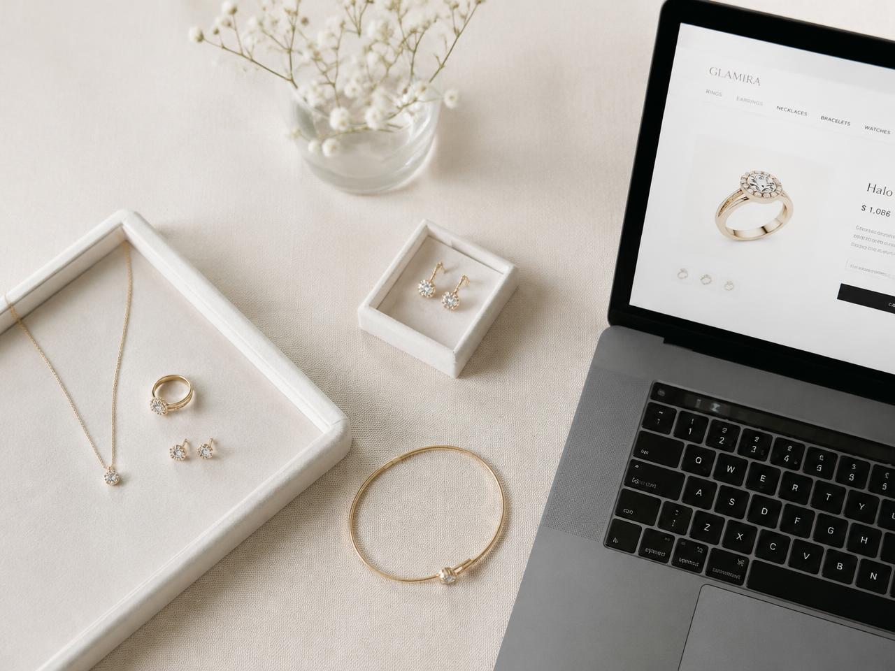 Fine jewelry next to a laptop showing an online store